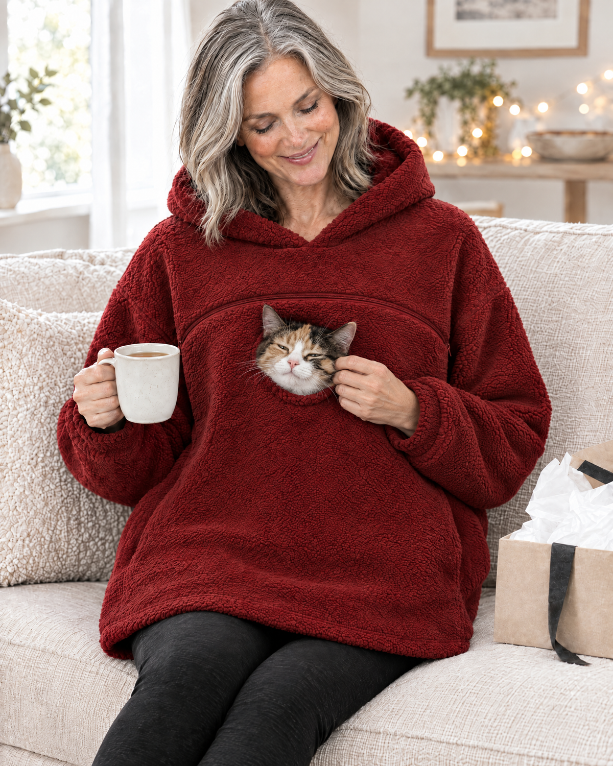 Woman in her late fifties on a sofa in a red pouch hoodie with a mug of tea, stroking the calico cat peeking out of the chest