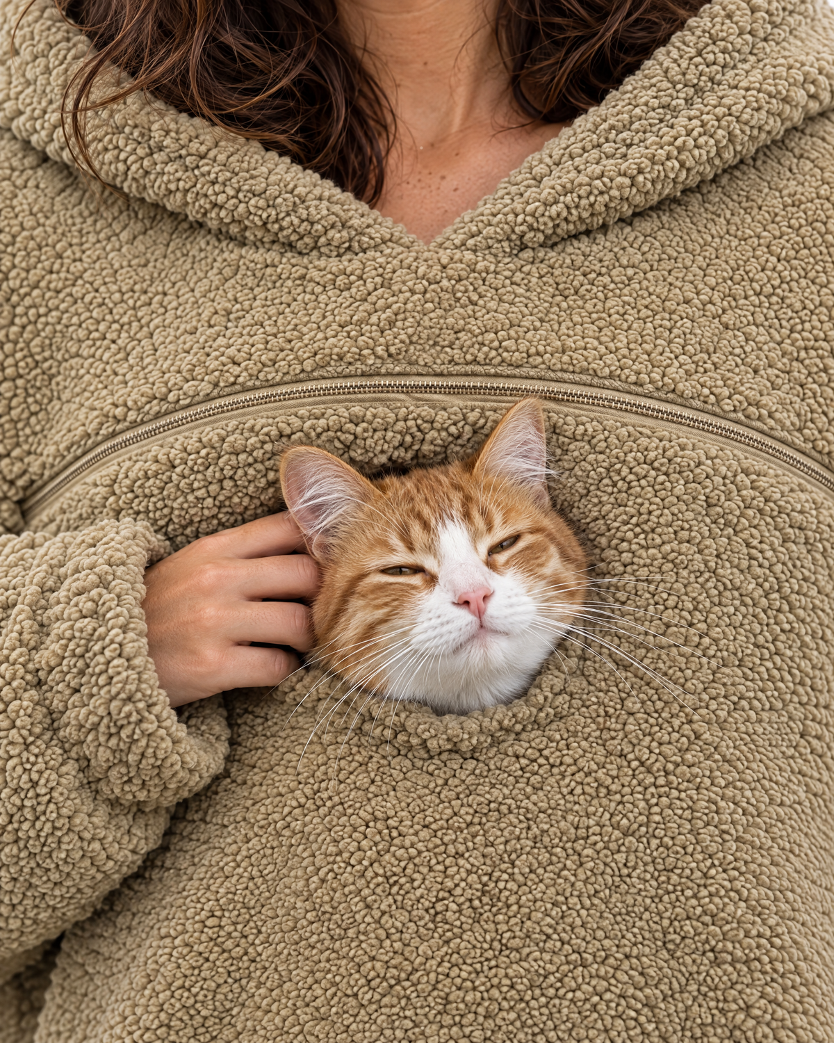 Close-up: a cat's head out of the round opening below the chest zipper, with room around its neck