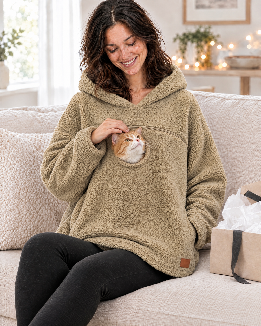 Woman relaxing on a sofa in a khaki pouch hoodie with her cat peeking out, an open gift box beside her