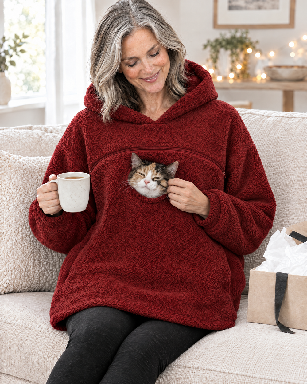 Woman in her late fifties on a sofa in a red tucked pouch hoodie, stroking the calico cat peeking out of the chest, gift box on the table
